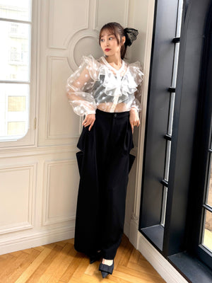 Sheer Dot Ruffle Bow Blouse / Curve Cut Wide Trousers