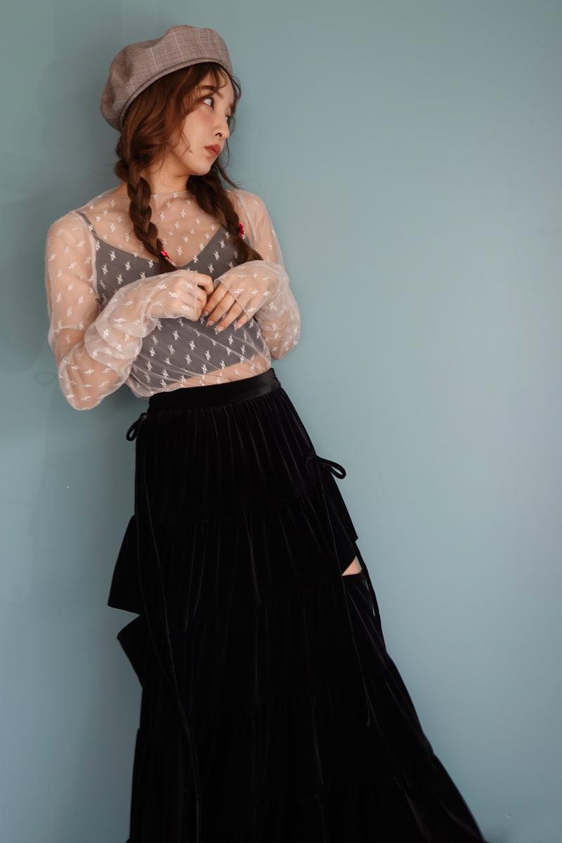 SIDE CUT VELOUR SKIRT - BLACK