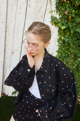 Embroidery Flower denim jacket - BLACK