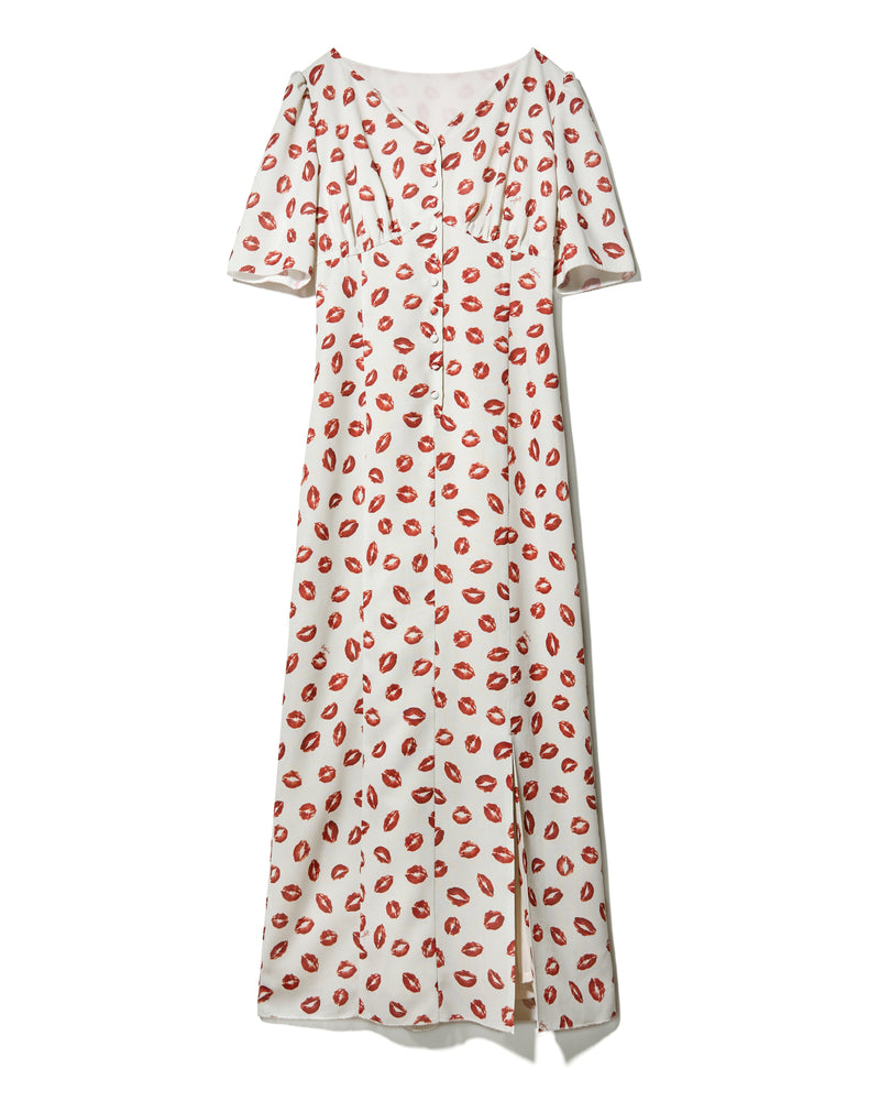 HEART NECK LIP PRINT DRESS - BEIGE