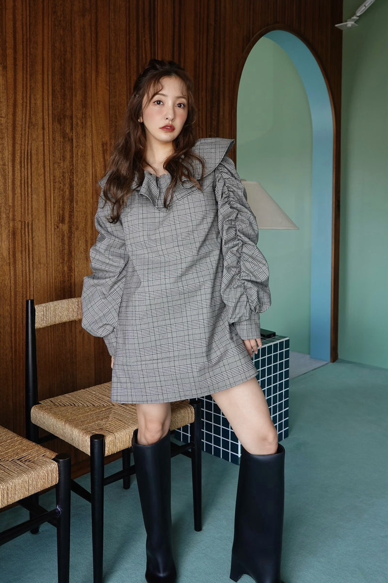 FRILL DESIGN CHECK MINI DRESS - GRAY