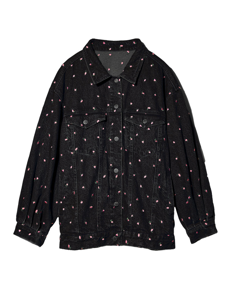 Embroidery Flower denim jacket - BLACK