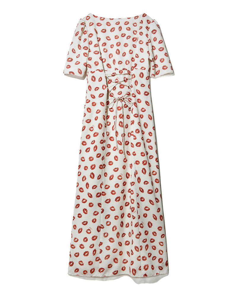 HEART NECK LIP PRINT DRESS - BEIGE