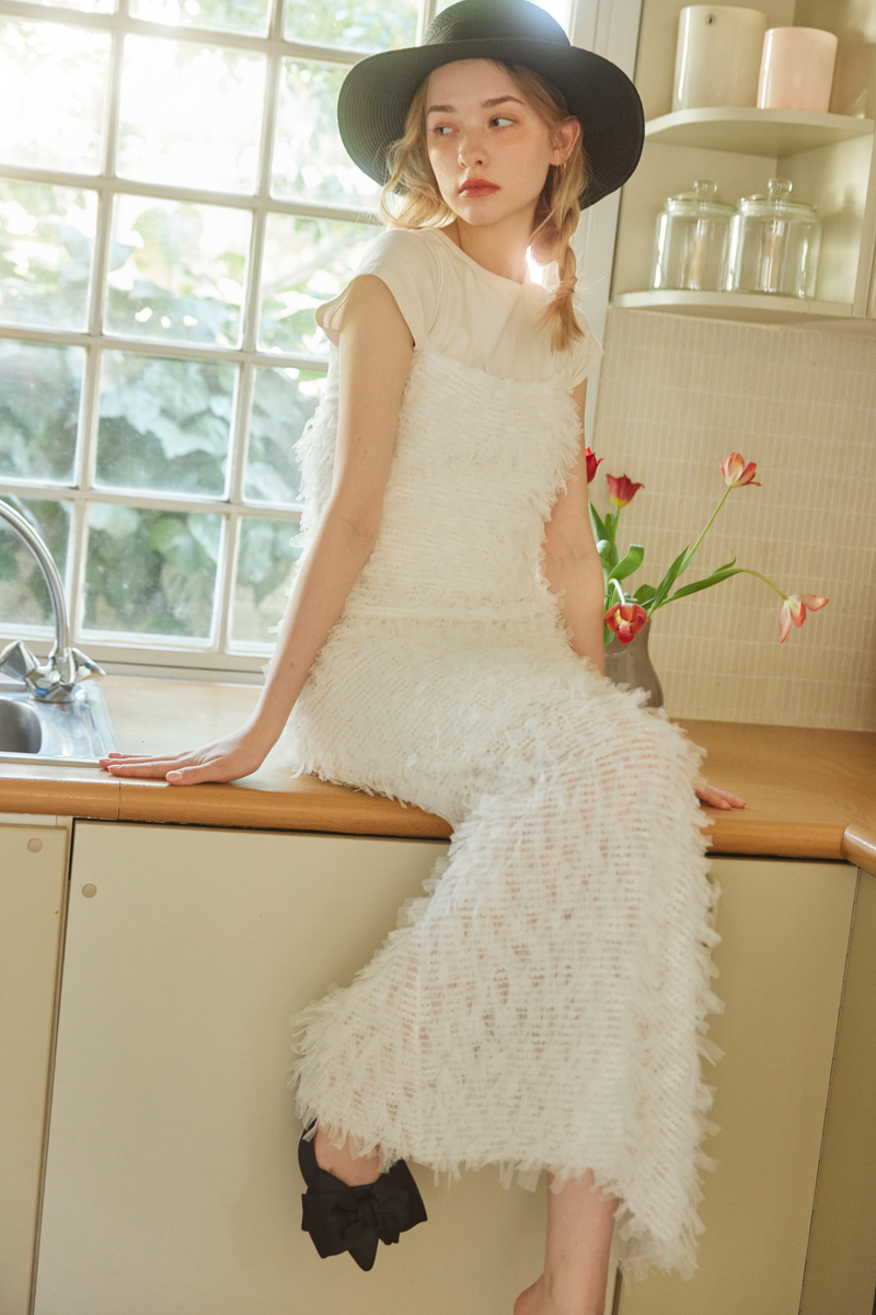 RIBBON TULLE CAMI DRESS - WHITE