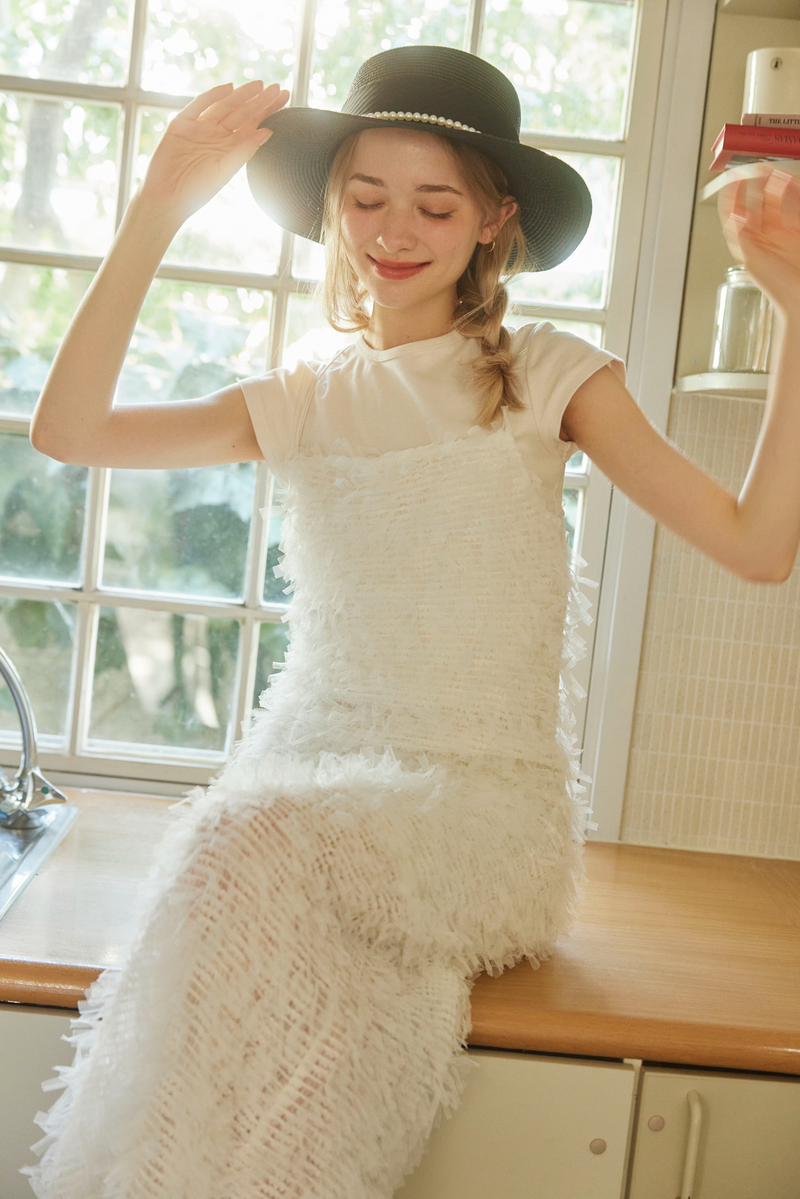 RIBBON TULLE CAMI DRESS - WHITE