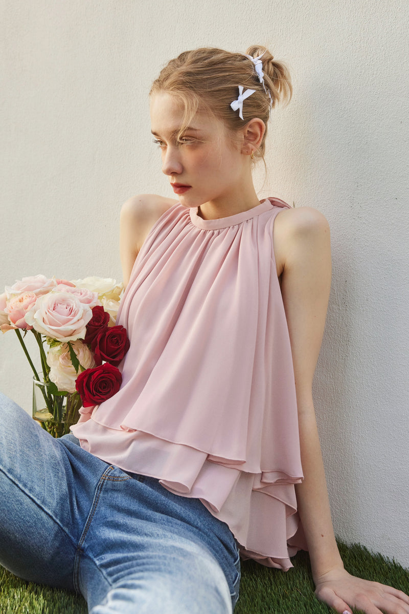 BACK RIBON TWIST BLOUSE - PINK