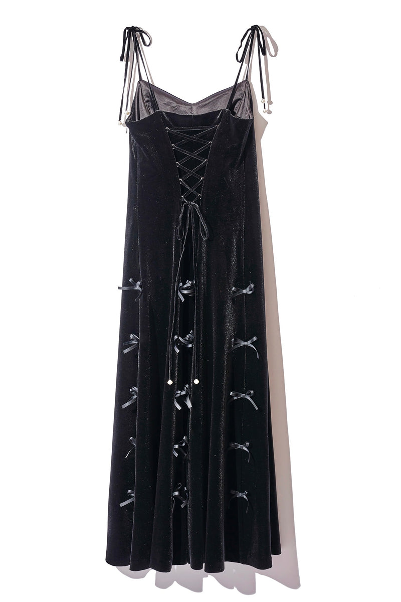 Velours ribbon dress - BLACK