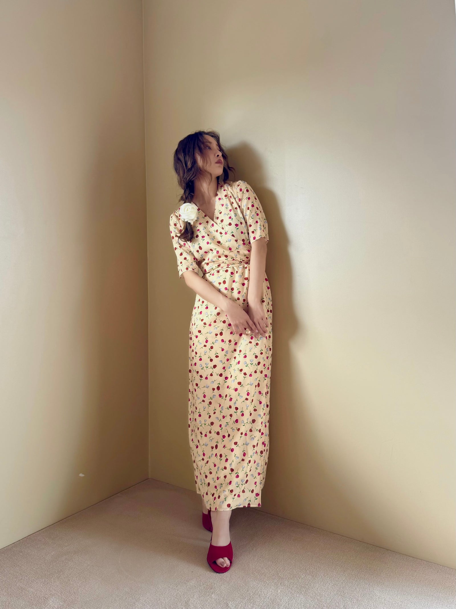 ワンピース rosy luce VINTAGE FLOWER DRESS FLOWER CACHE-COEUR DRESS - YELLOW – Rosy luce