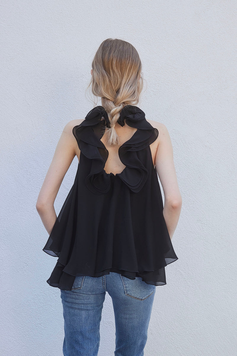 BACK RIBON TWIST BLOUSE - BLACK