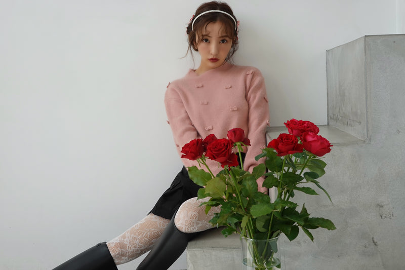 ROSY RIBBON KNIT TOPS - PINK