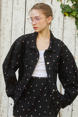 Embroidery Flower denim jacket - BLACK