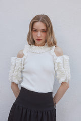 FRILL TRIM KNIT TOPS - WHITE