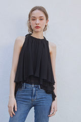 BACK RIBON TWIST BLOUSE - BLACK