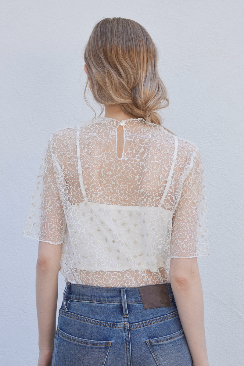 FLOWER LAME SHEER TOPS - WHITE