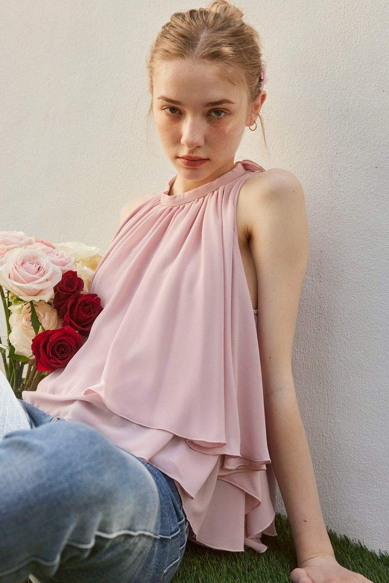 BACK RIBON TWIST BLOUSE - PINK