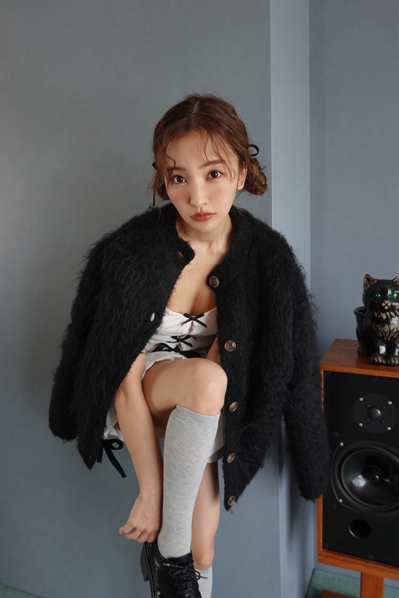 ROSY SHAGGY KNIT JACKET - BLACK