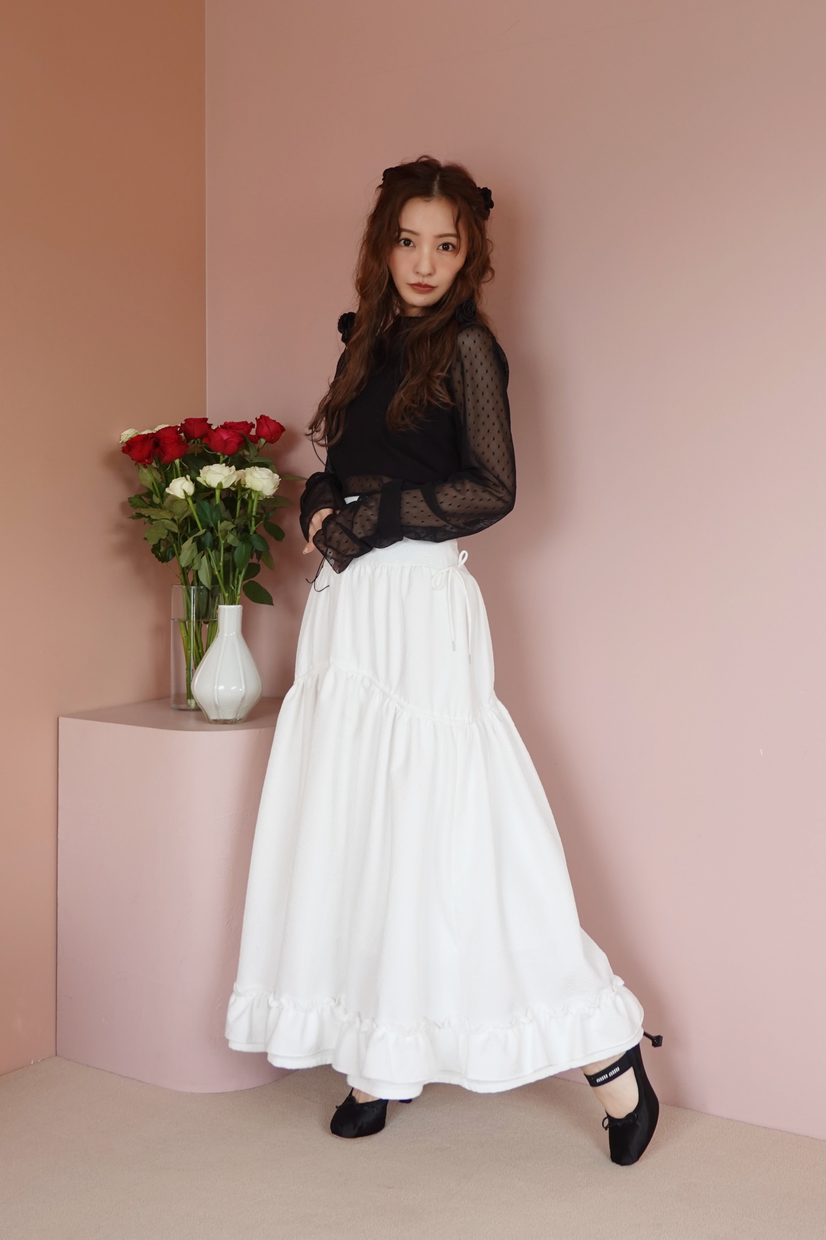 値下げしました♪Rosy luce ジャガードフリルドレス jacquard teard skirt - WHITE – Rosy luce