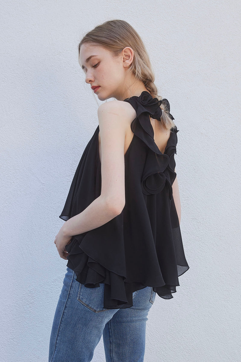BACK RIBON TWIST BLOUSE - BLACK