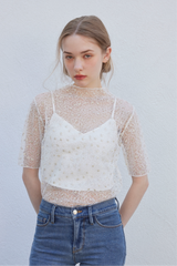 FLOWER LAME SHEER TOPS - WHITE