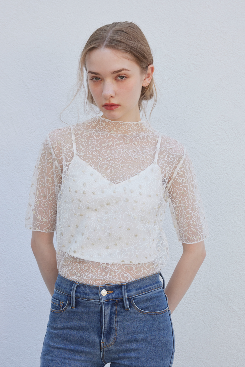 FLOWER LAME SHEER TOPS - WHITE