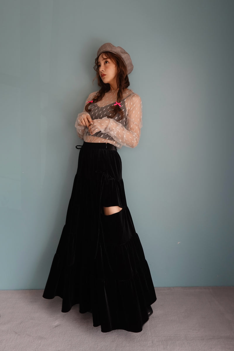 SIDE CUT VELOUR SKIRT - BLACK