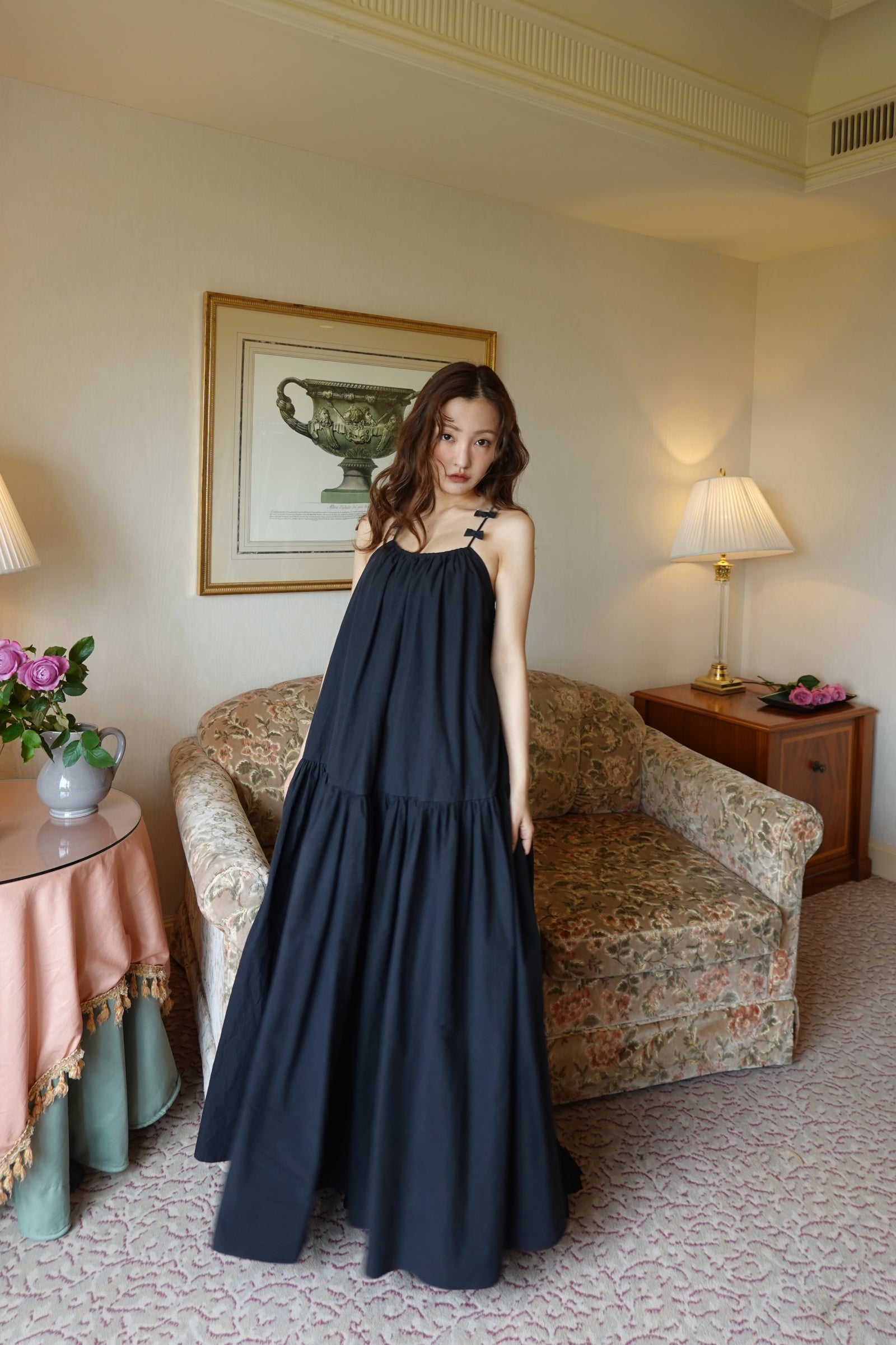 rosemuseFront ribbon cami dress ダークモカ