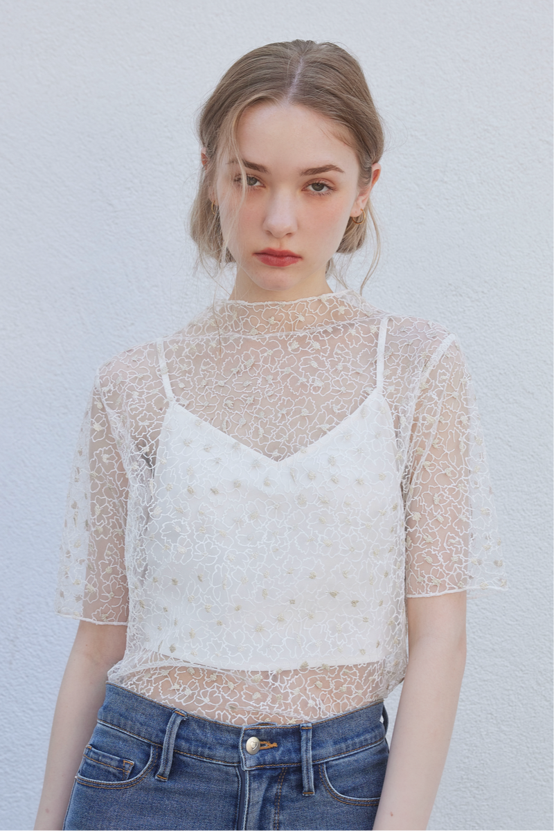 FLOWER LAME SHEER TOPS - WHITE