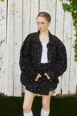 Embroidery Flower denim jacket - BLACK