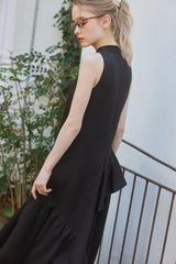 JAQUARED FRILL DRESS - BLACK