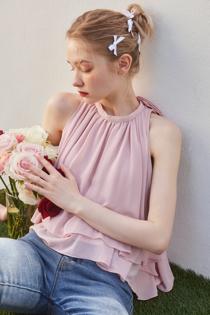 BACK RIBON TWIST BLOUSE - PINK