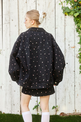 Embroidery Flower denim jacket - BLACK