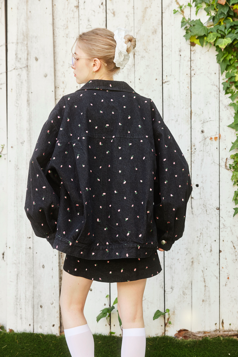 Embroidery Flower denim jacket - BLACK