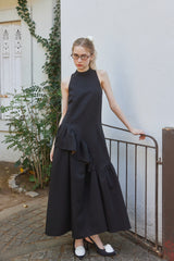 JAQUARED FRILL DRESS - BLACK