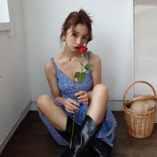 ROSYLUCE FLOWER PRINT CAMISOLE SLIT ブラック - ロングワンピース