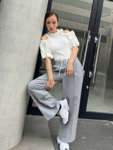 FRILL TRIM KNIT TOPS - WHITE
