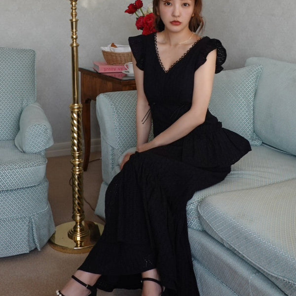 Back ribbon lace dress - BLACK – Rosy luce