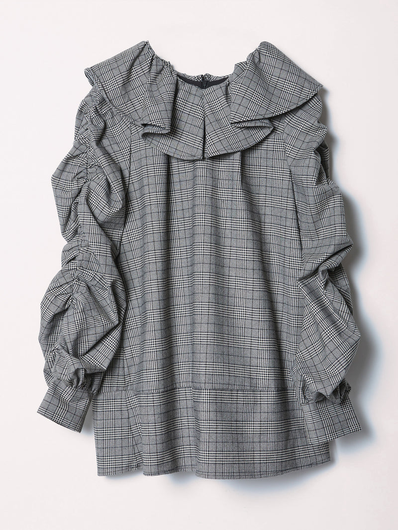 FRILL DESIGN CHECK MINI DRESS - GRAY